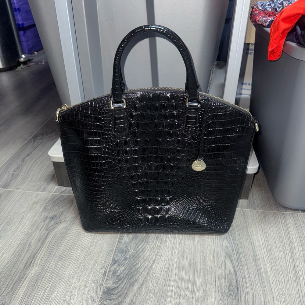 Brahmin Glossy Black Embossed bag. Missing long strap. Needs cleaning inside!
